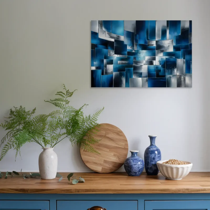 Blue silver abstract artwork kitchen wall decor
