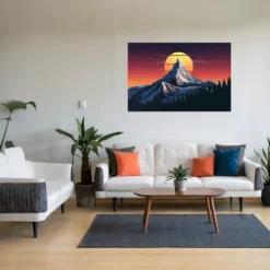 Large mountain sunset wall art in modern living room