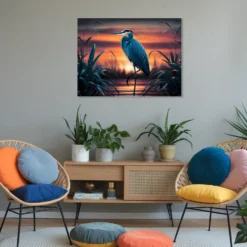 Lone Heron sunset metallic print leisure room wall art