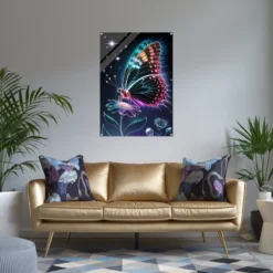 Luxurious living room wall decor featuring radiant floral butterfly acrylic print