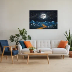 Minimalist living room wall decor moonlit landscape-white, orange blue hues