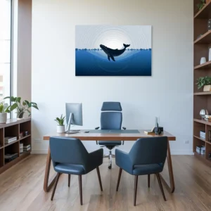Blue modern minimalistic office decor with whale sound waves wall art