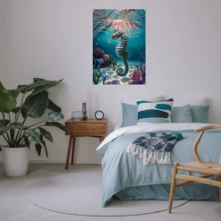 Minimalistic bedroom wall decor sparkling seahorse-blue white