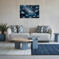 Minimalistic blue-themed contemporary living room abstract flower wall hanging