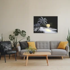 Minimalistic living room wall showcasing our serene beach sunset art