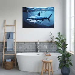 Modern water-resistant bathroom wall decor-blue bull shark metallic print
