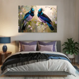 Modern bedroom in blue purple pink hues featuring our exotic birds metallic wall art
