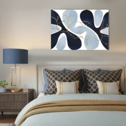 Dark blue and gold luxurious bedroom wall decor organic patterns metal print