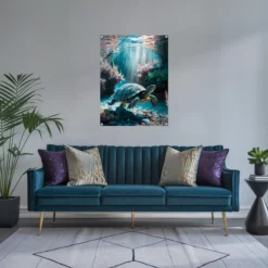 Modern living room swimming turtle underwater-teal-blue-gold