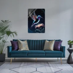Modern living room featuring our celestial luminescent floral hummingbird acrylic wall hanging