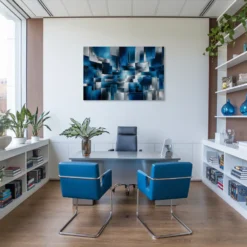 Blue and silver metal layered abstract in modern stylish office