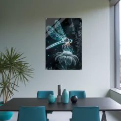 Modern teal-themed office featuring luminous dragonfly night garden