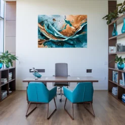 Turquoise brown/copper themed modern office wall decor with our abstract fluid art