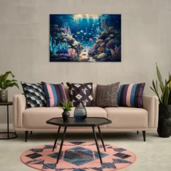 Modern pink-blue themed living room decor featuring coral reef art