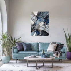 Large vertical marble wall art-blue grey modern living room