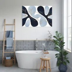 Bathroom minimalistic wall decor navy light blue and gold organic patterns