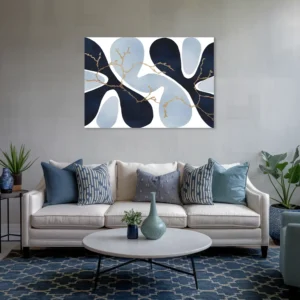 Living room wall decor navy light blue and gold organic patterns