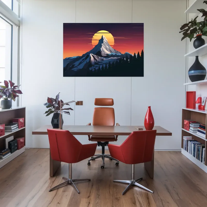 Red orange blue themed office featuring mountain sunset metallic wall print
