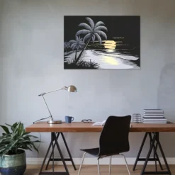 Open office wall decor featuring beach sunset artwork