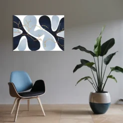 Outdoor navy light blue and gold organic patterns wall hanging