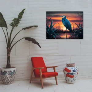 Outdoor wall hanging lone heron sunset artwork