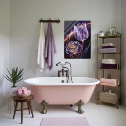 Pink-purple themed bathroom decor with cosmic flowers acrylic print