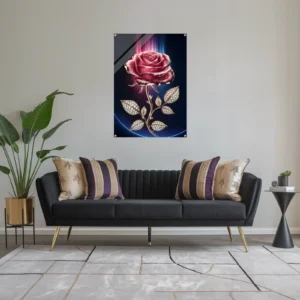 Black gold purple themed living room displaying radiant rose art