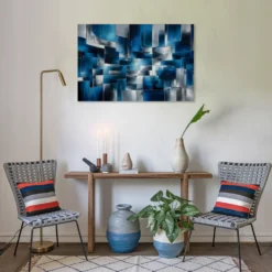 Abstract blue silver artwork in relaxing room