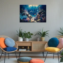 Colorful relaxation room with coral reef artwork