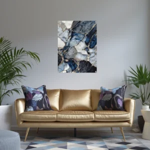 Blue gray gold themed decor small lavish room with marble veining artwork