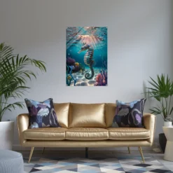 Small lavish living room wall decor featuring radiant seahorse acrylic print