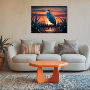 Orange themed small living room blue heron wall hanging