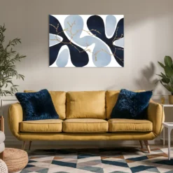 navy light blue and gold organic patterns wall hanging small modern living decor