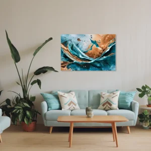 Turquoise brown themed small living room featuring our fluid art metal print