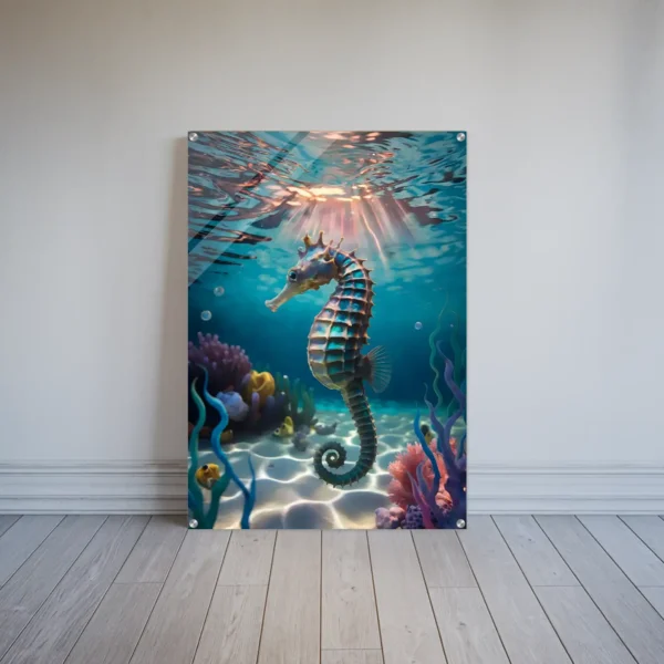 Sparkling seahorse sunlit underwater acrylic print wall hanging