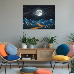 Relaxation room wall decor- moonlit landscape- blue and orange