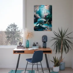 Study room showcasing underwater swimming turtle wall art