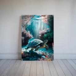Sunlit underwater turtle acrylic print wall hanging-vertical