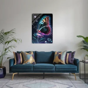 Teal blue purple-themed living room decor featuring floral butterfly art