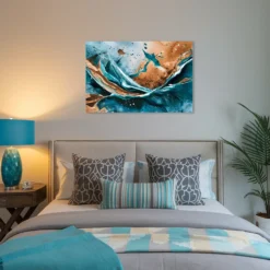 Turquoise copper abstract fluid art modern bedroom wall decor