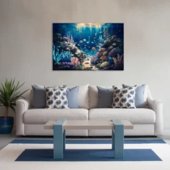 Contemporary minimalistic small living with coral reef art