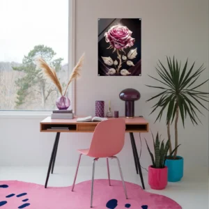 Pink-violet themed study room decor featuring gilded rose artwork