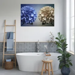 Water resistant bathroom wall decor hydrangea blooms-blue-beige