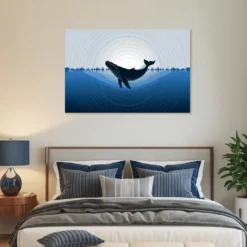 Minimalistic blue white themed bedroom with whale sound waves aluminum print wall hanging