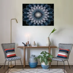 Minimalistic white blue floral wall hanging relaxation room