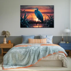 XL blue heron metallic print modern cozy bedroom wall decor