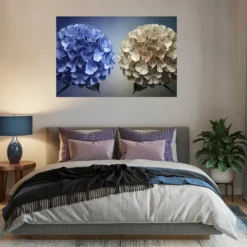 Blue-beige floral aluminum print artwork modern bedroom