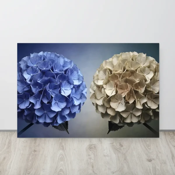 Blue-beige hydrangea metal wall art print