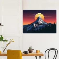 Dining room wall decor: Orange-blue sunset-mountain