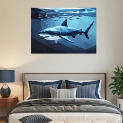 Bull shark metallic print in blue-themed modern bedroom wall decor